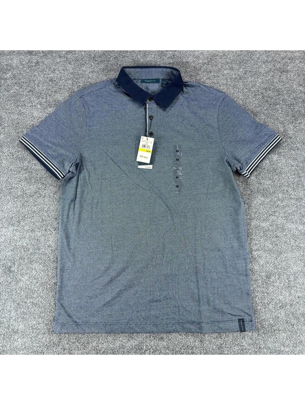 NWT Perry Ellis Icon Polo Shirt Medium Blue with Navy‎ Collar - Golf, Casual
